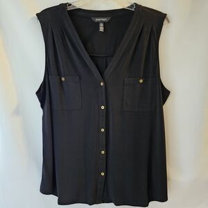 Ellen Tracy Black Sleeveless Top – Gold Buttons, Pleated Detail, Size XL